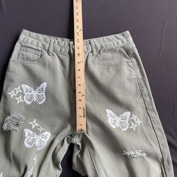 Shein Womens Butterflies Jeans Large Green Distressed Boho Denim Cotton Festival - Picture 10 of 12